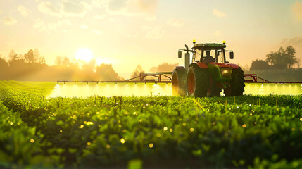 A tractor spraying pesticides on a green field.