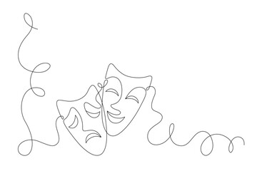 Theatrical masks in one line, tragedy and humor, joy and sadness, symbol of theatrical art. Vector.