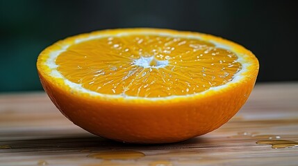   An orange in half sits atop a wooden table with droplets of water
