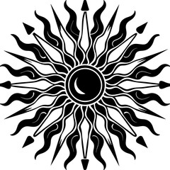 Sun with exaggerated heatwaves radiating from it linocut flat style black and white cartoon