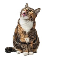 Obraz premium a cat sitting with its tongue out and mouth open, isolated on white background