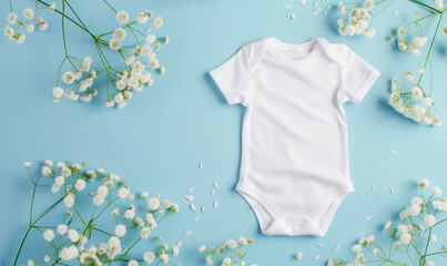 Against a pastel blue background, an empty white cotton baby bodysuit with short sleeves, decorated with delicate white flowers, appears.