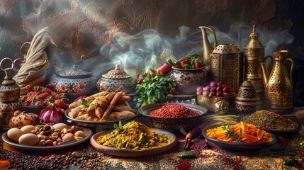 Typical Arab food and products, interesting aromas and colours hyper realistic 