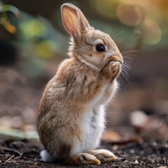 Fototapeta premium Closeup view of a standing rabbit cleaning itself with claw