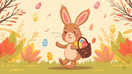 Fototapeta premium Flat vector of cartoon character of happy rabbit with Easter eggs