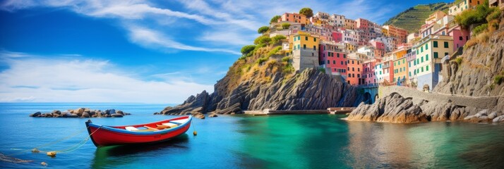 Peaceful fishing village riomaggiore cliffside colorful buildings cinque terre coast. Italian...