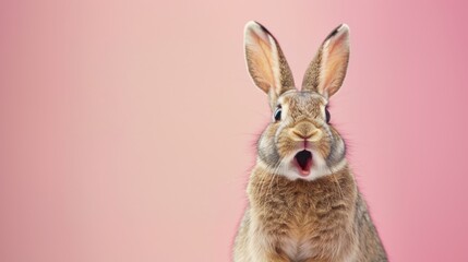 Fototapeta premium Cute surprised baby rabbit with pink background.