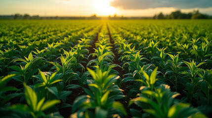 A field of corn at sunset.