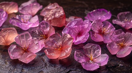   A cluster of pink blossoms perched atop a wooden plank, dotted with droplets of water