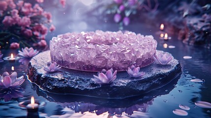   A frosted cake plate sits atop a table, displaying a beautifully decorated cake and water lilies in a nearby pond