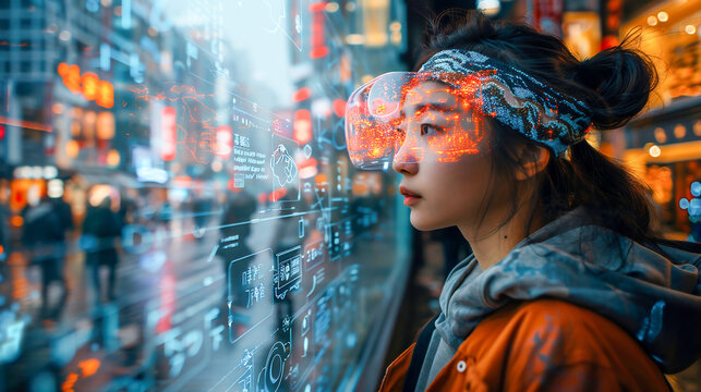 Young asian woman wearing virtual reality goggles in modern city at daytime. VR metaverse - Powered by Adobe