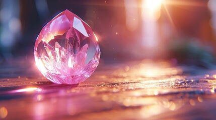   A sharp focus of a pink diamond lying on the ground, illuminated by a bright source behind it, while the background is blurred