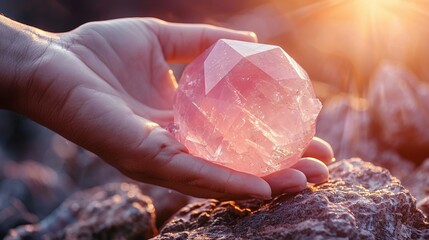   A person's hand cradling a pink crystal orb on top of a rock amidst a lush field