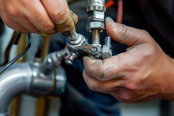 A maintenance worker is using a wrench to tighten a pipe connection, A maintenance worker tightening a loose screw