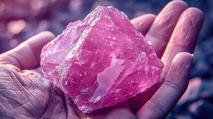   A person holds a pink rock in their hand