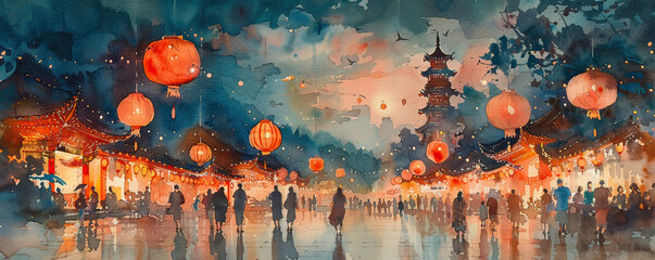 Vibrant watercolor painting depicting a bustling Chinese lantern festival with glowing lanterns and lively crowds.