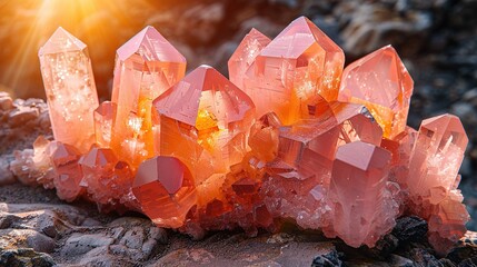  An image of a group of orange gemstones resting atop a rock formation beneath radiant sunlight filtering through the cliffs behind
