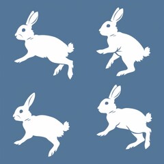 Collection of rabbit white silhouette with different poses on blue background.
