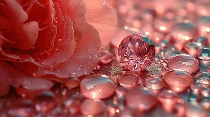   A pink diamond encircled by droplets of water, set against a pink rose backdrop