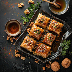 A serving of rich, golden baklava, generously topped with nuts and drizzled with honey, presented...