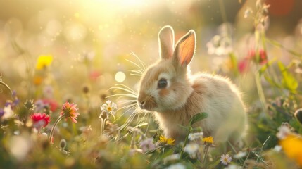 Fototapeta premium Cute baby rabbit at outdoor lawn with flowers in Spring