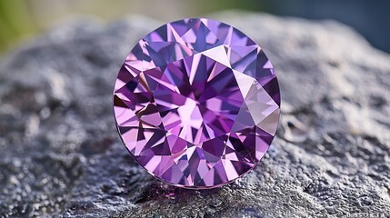   A close-up of a purple diamond on a rock, surrounded by a green plant in the background