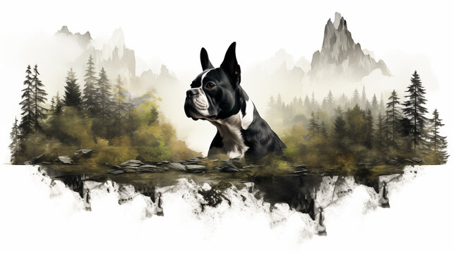 Double Exposure Boston Terrier in front of a Forest Illustration ~ Created using Generative AI