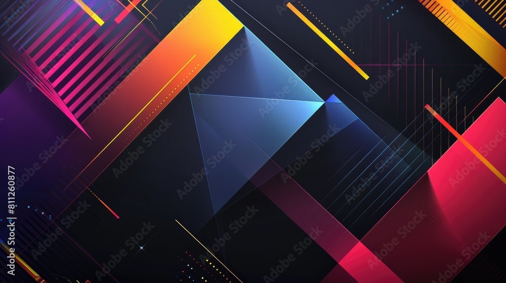 Poster geometric elements in abstract background with light lines and colors on black background creative d