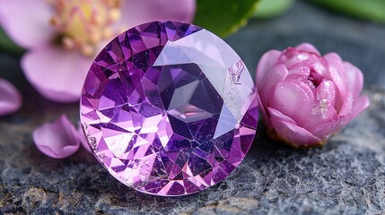   A close-up of a purple diamond on a rock beside a pink flower and peony