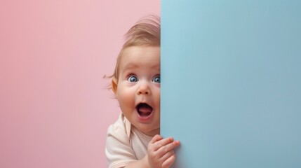 Surprised baby peeping with plain background