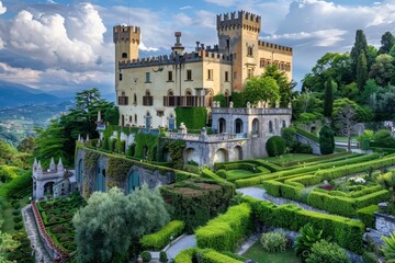 Obraz premium A castle stands on a hilltop with a garden in front, A majestic castle perched on a hilltop, surrounded by lush gardens