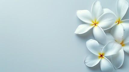 Naklejka premium White Frangipani Plumeria flower close up photo background with empty copy space for text 