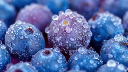  Blueberries dotted with water droplets and a sunny yellow center in the image