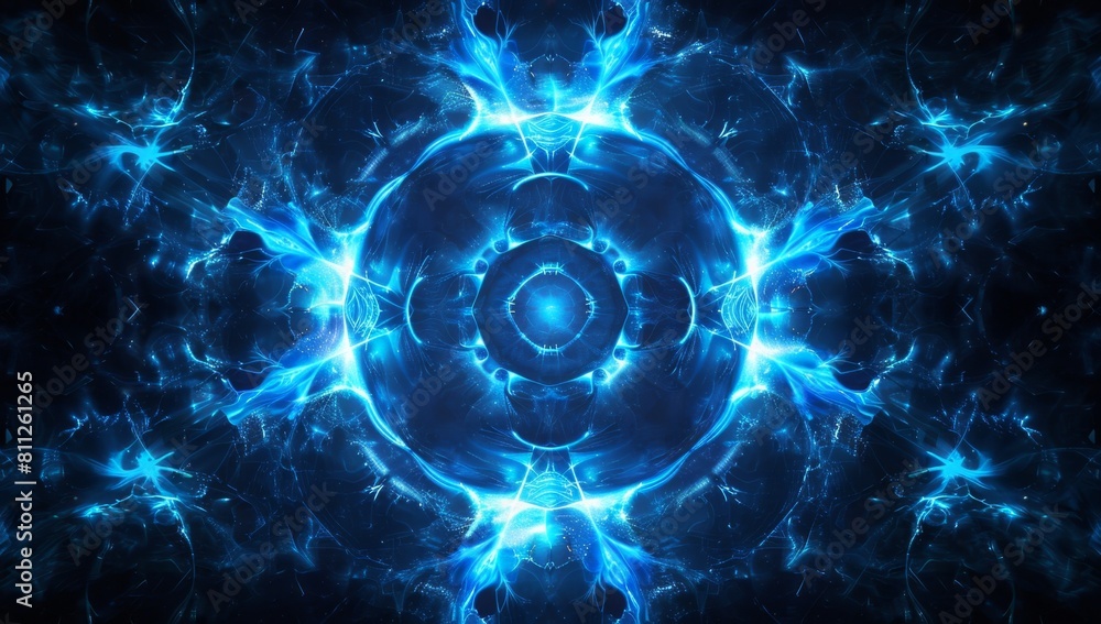 Poster abstract blue glowing background with circular shapes and lightning effects, symmetrical composition