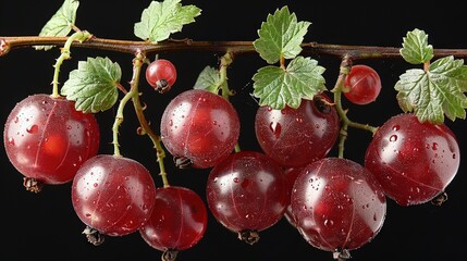   Cherries dangle from a tree with droplets and green foliage against a dark backdrop