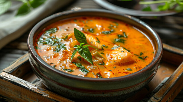 halaszle fish soup close up in the bowl on the wooden tray