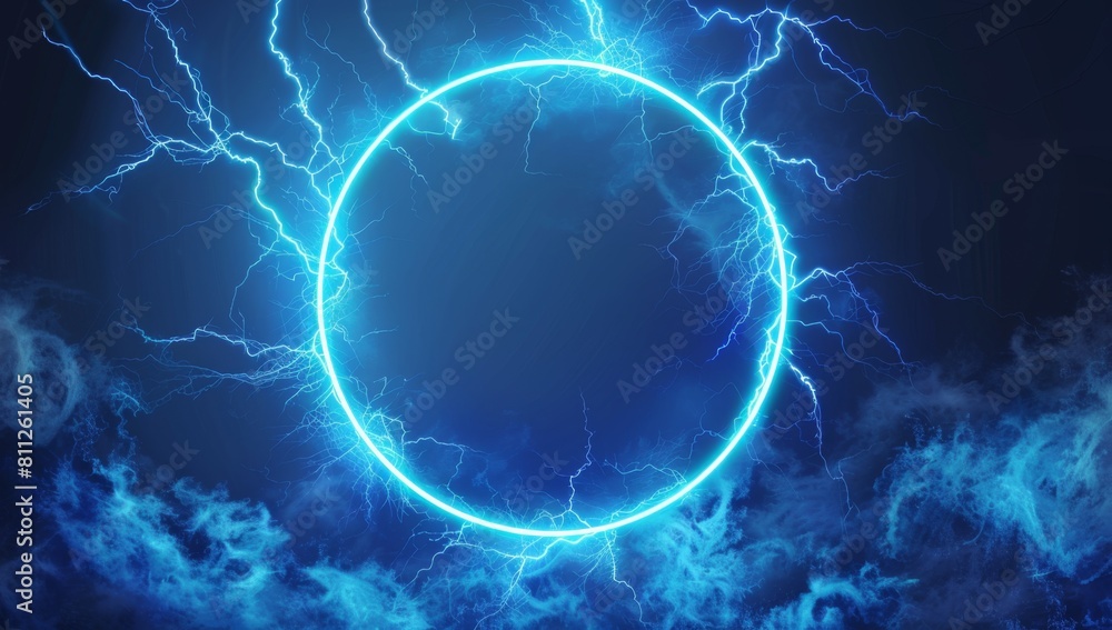 Poster abstract blue neon light background with a glowing circular frame and thunder glow effect generative