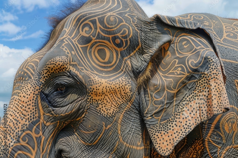 Poster close up of an elephant with intricate patterns, set against a sky background, a majestic elephant w