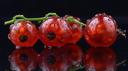   Red tomatoes sit on a glass table, water droplets adorning their tops