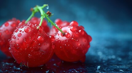   Red cherries on blue surface with water droplets