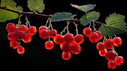   A dark background features hanging red cherries on a leafy branch, with light filtering through