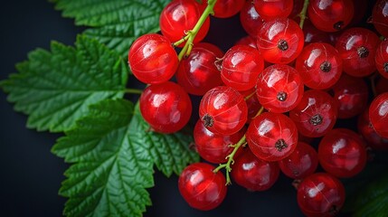   A close-up of juicy red berries on a leafy green branch against a dark background