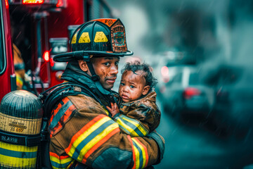 A firefighter is holding a baby in his arms. Heroic black firefighter rescues a baby from the grasp of flames.The scene is set in a city, with cars and trucks visible in the background