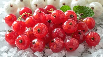   A pile of red cherries is perched atop a mound of ice adjacent to a cluster of white garlic