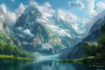 A painting depicting a majestic mountain range towering over a lake in the foreground, A majestic mountain range towering over a tranquil lake