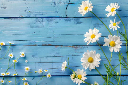 Daisy flowers on light blue shabby wooden background  for mockup. Painted teal old rustic wooden table with daisies. Top view, flat lay. Abstract texture with copy space for banner, mockup, poster