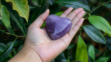 Mão segurando um coração roxo feito de pedra nas mãos - Wallpaper HD