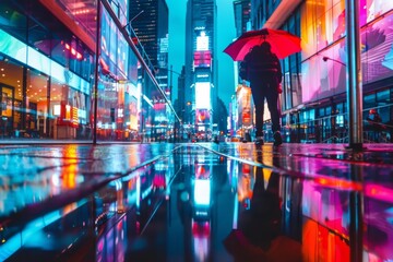 a person is walking down a wet city street with an umbrella - Powered by Adobe