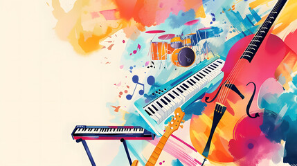 illustration of musical instruments on a bright background with copy space