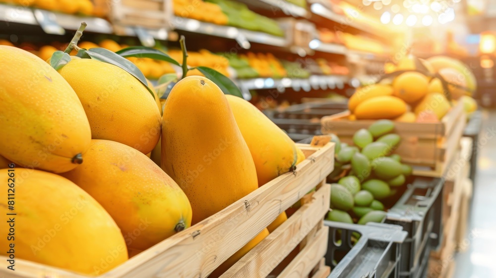 Poster rustic mango display in wooden crates at warehouse with soft lighting for food advertisement